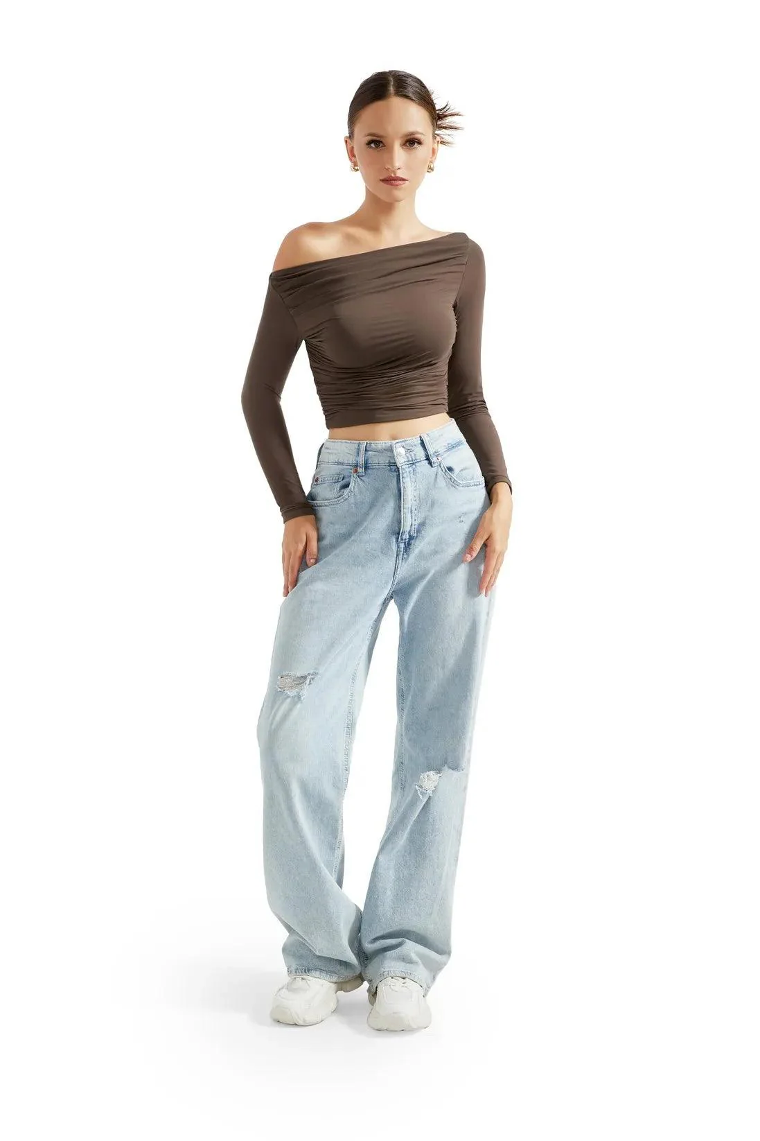 Buttery Soft Ruched Off Shoulder Shirt - Long Sleeve - Image 13