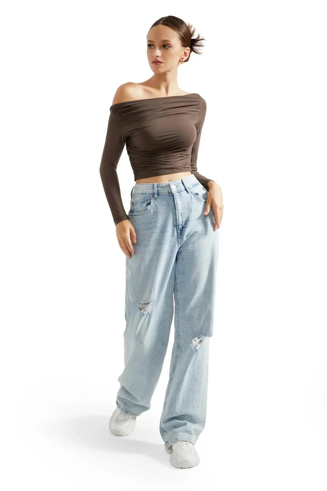 Buttery Soft Ruched Off Shoulder Shirt - Long Sleeve - Image 14