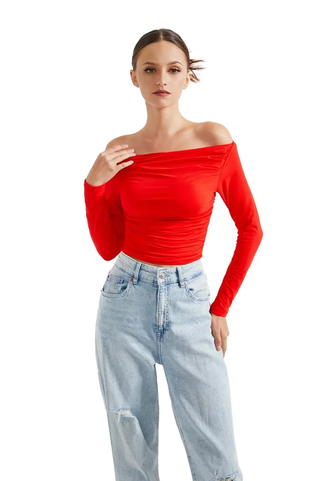 Buttery Soft Ruched Off Shoulder Shirt - Long Sleeve - Image 26