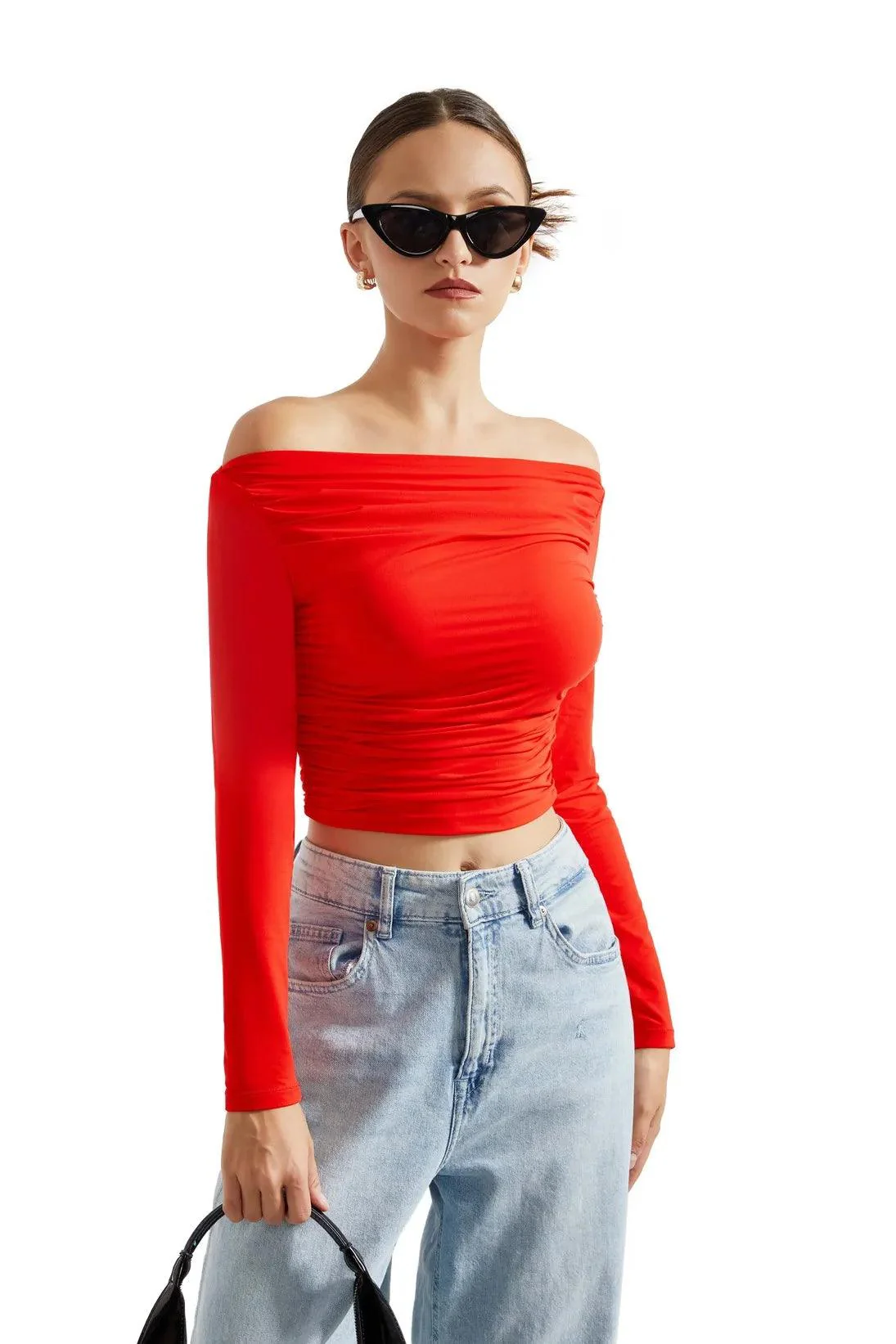 Buttery Soft Ruched Off Shoulder Shirt - Long Sleeve - Image 27