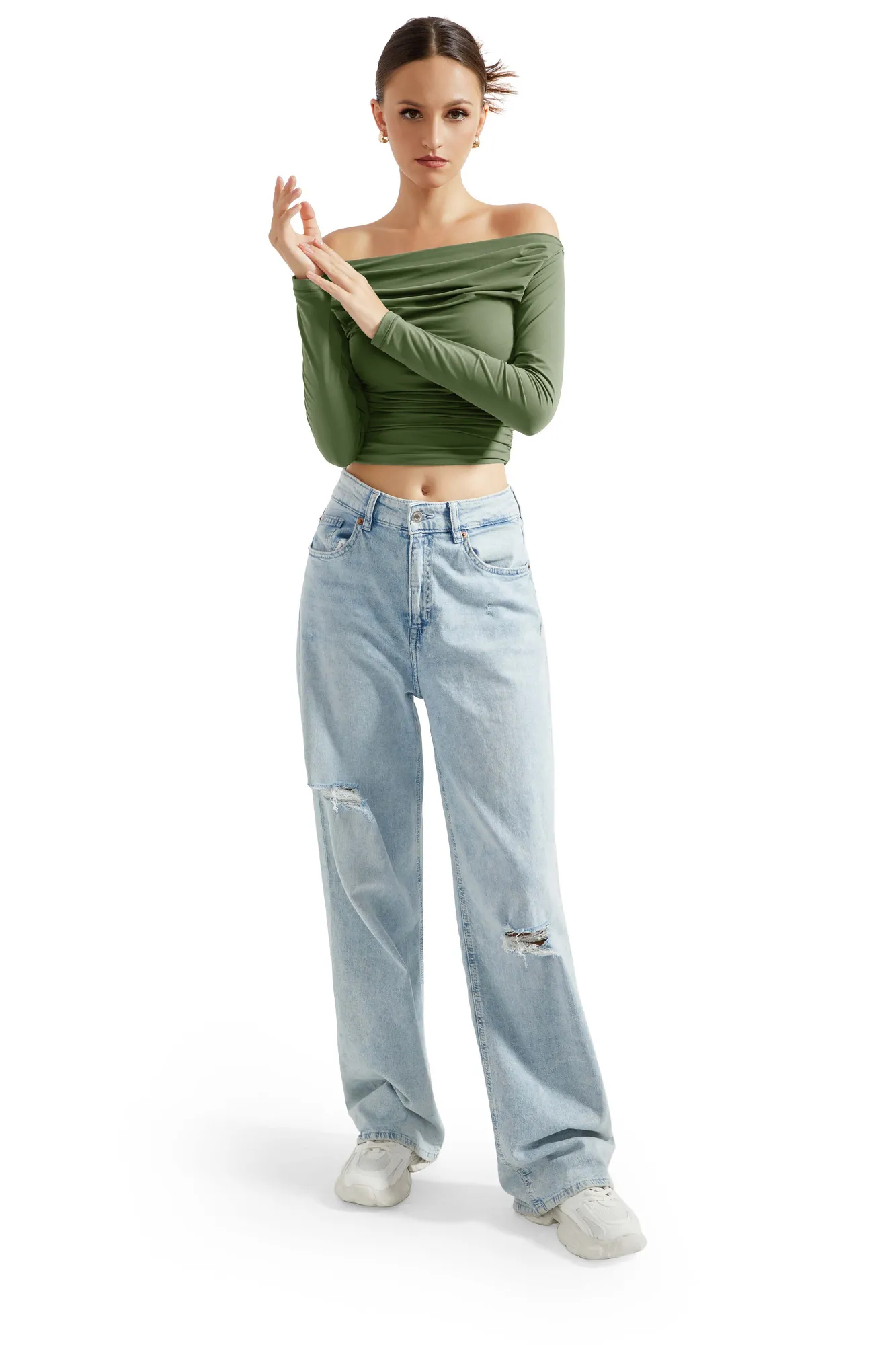 Buttery Soft Ruched Off Shoulder Shirt - Long Sleeve - Image 38