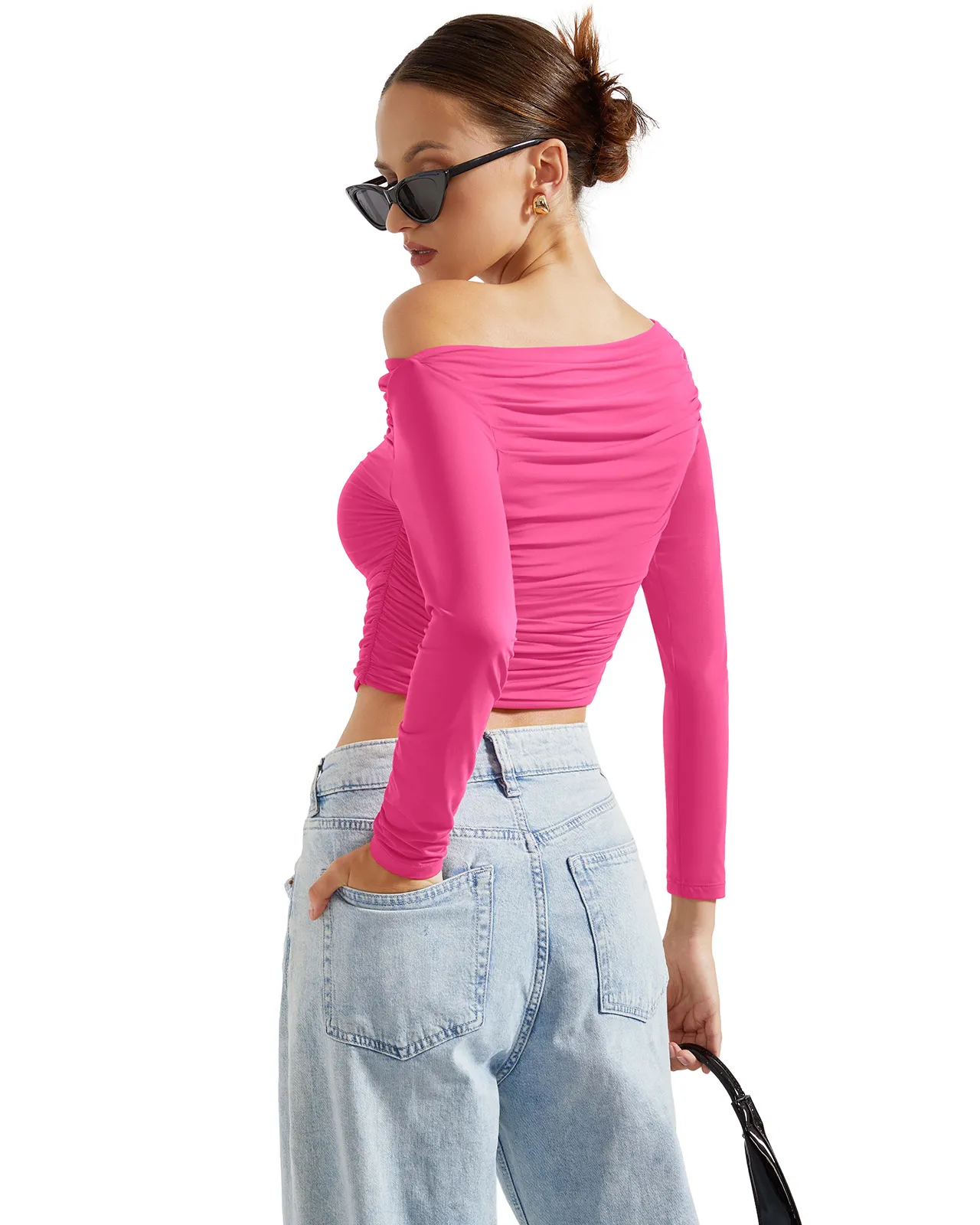 Buttery Soft Ruched Off Shoulder Shirt - Long Sleeve - Image 54