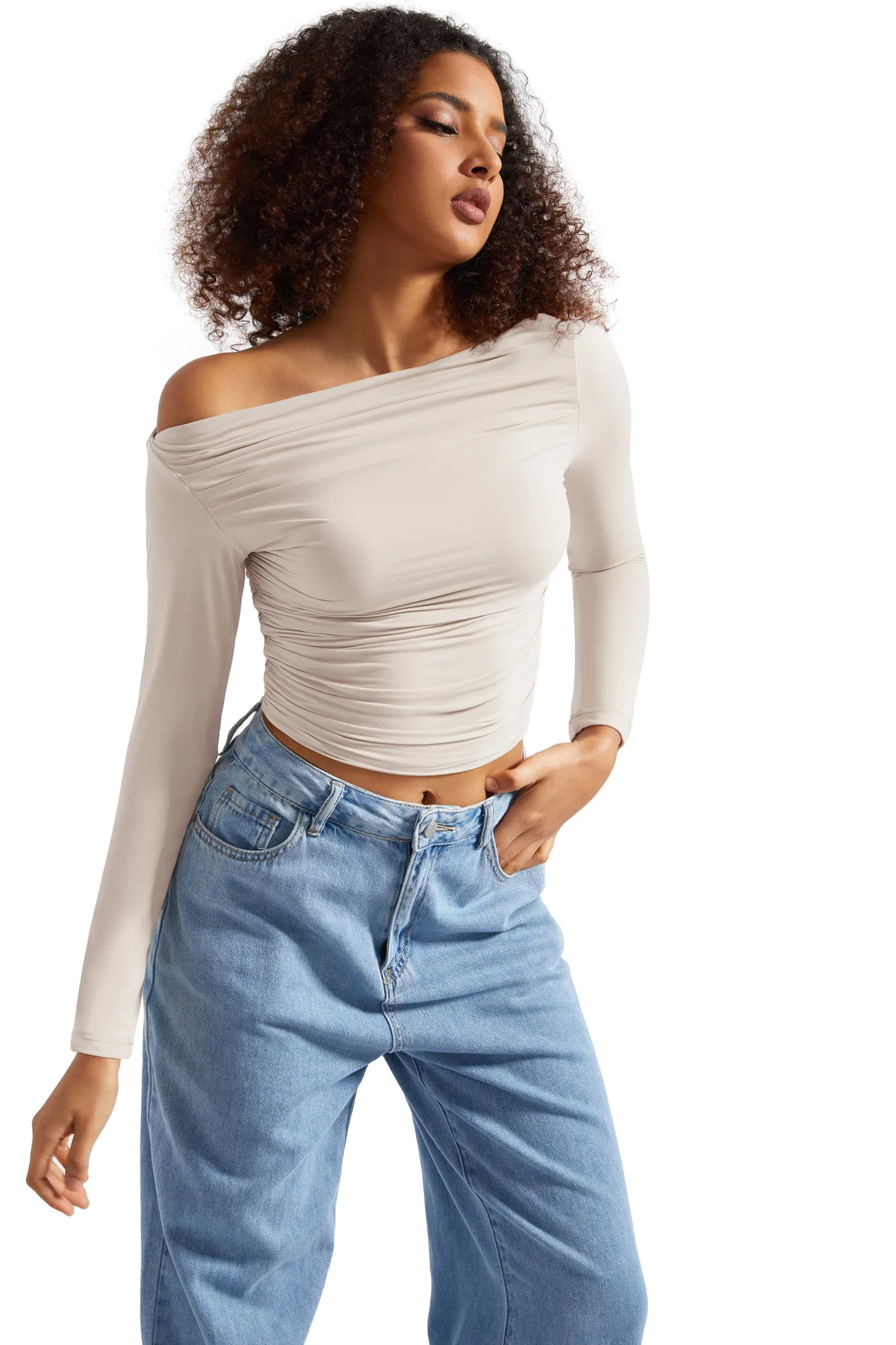Buttery Soft Ruched Off Shoulder Shirt - Long Sleeve - Image 58