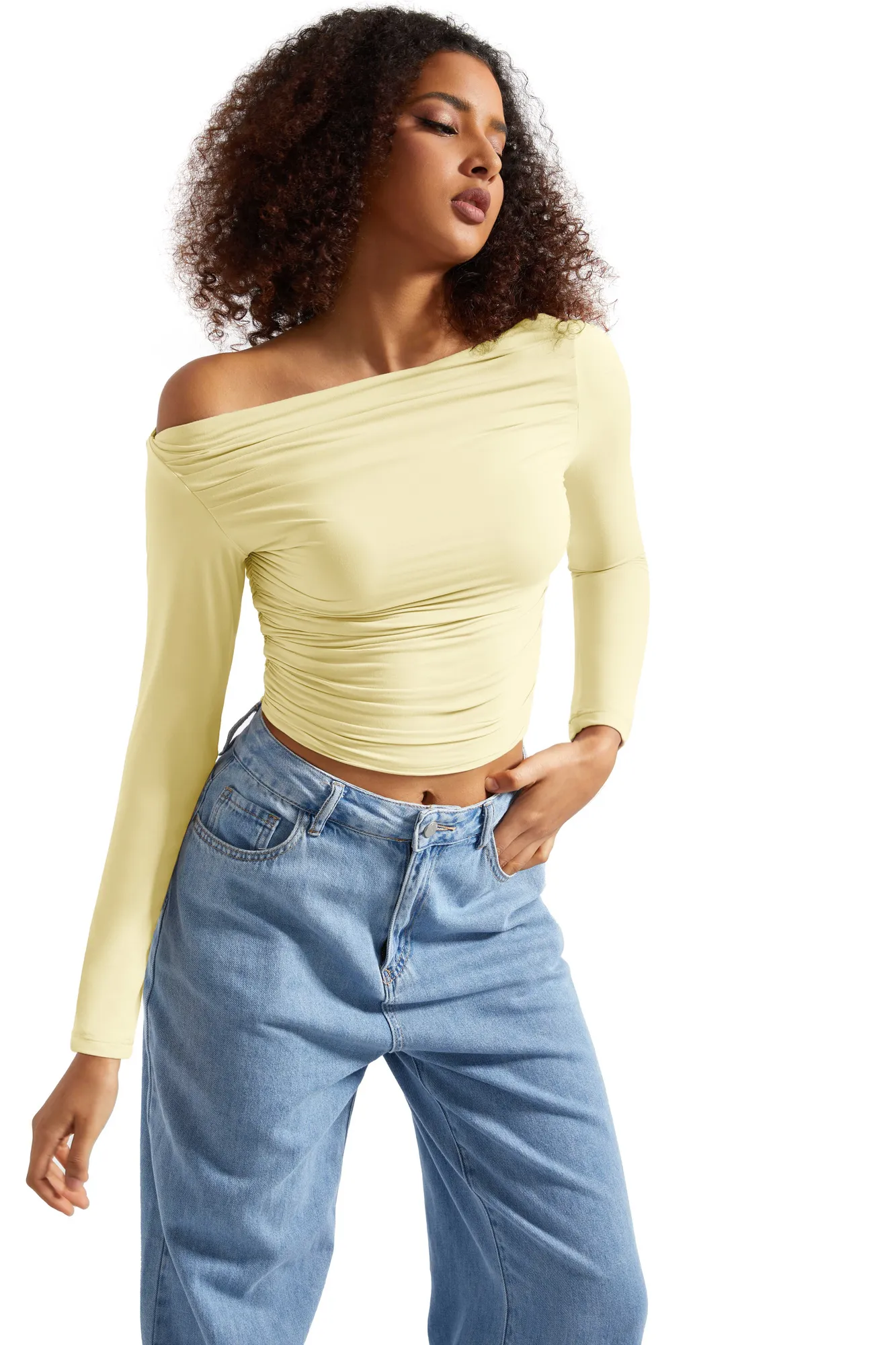 Buttery Soft Ruched Off Shoulder Shirt - Long Sleeve - Image 64