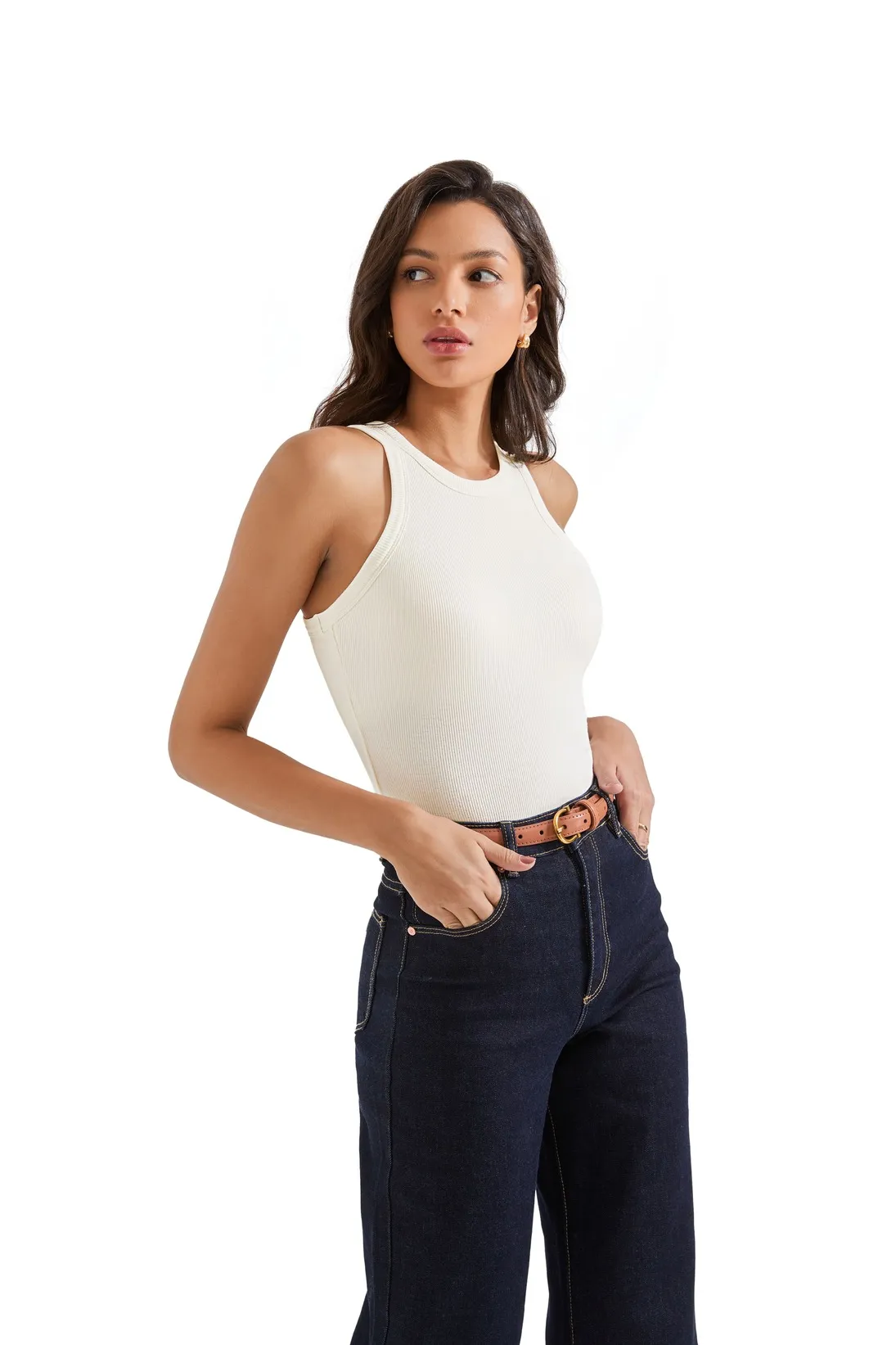 Cotton Ribbed Crew Neck Tank Top - Image 34