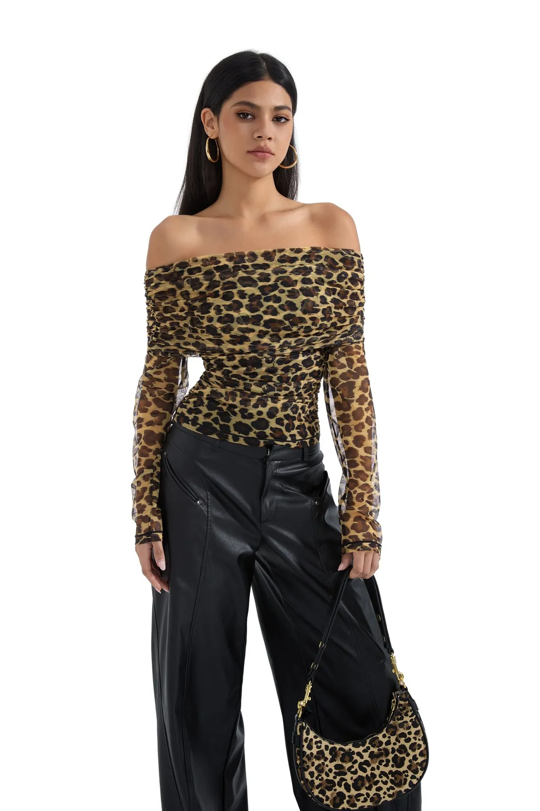 Mesh Off Shoulder Ruched Shirt - Long Sleeve - Image 12