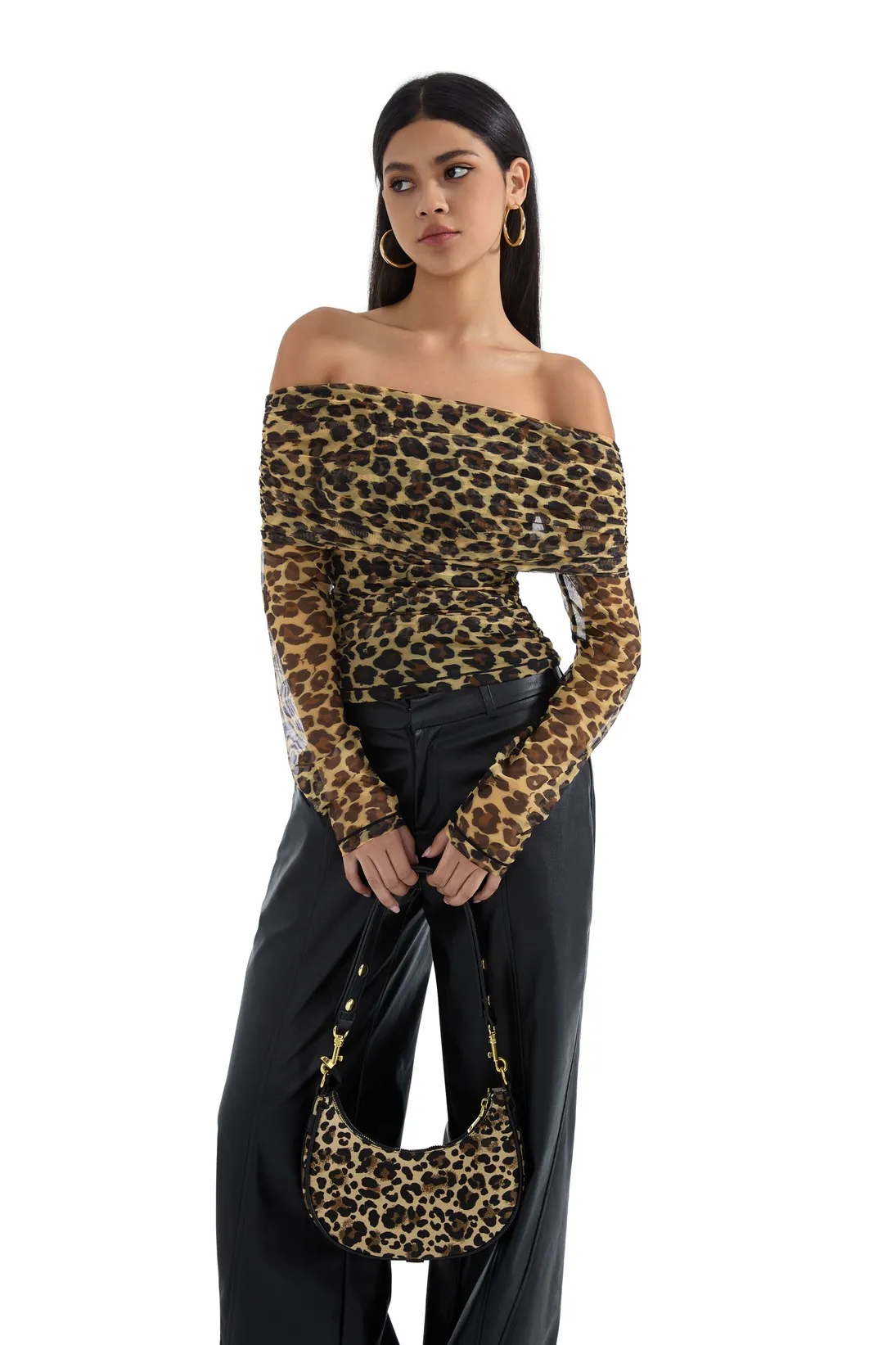 Mesh Off Shoulder Ruched Shirt - Long Sleeve - Image 13