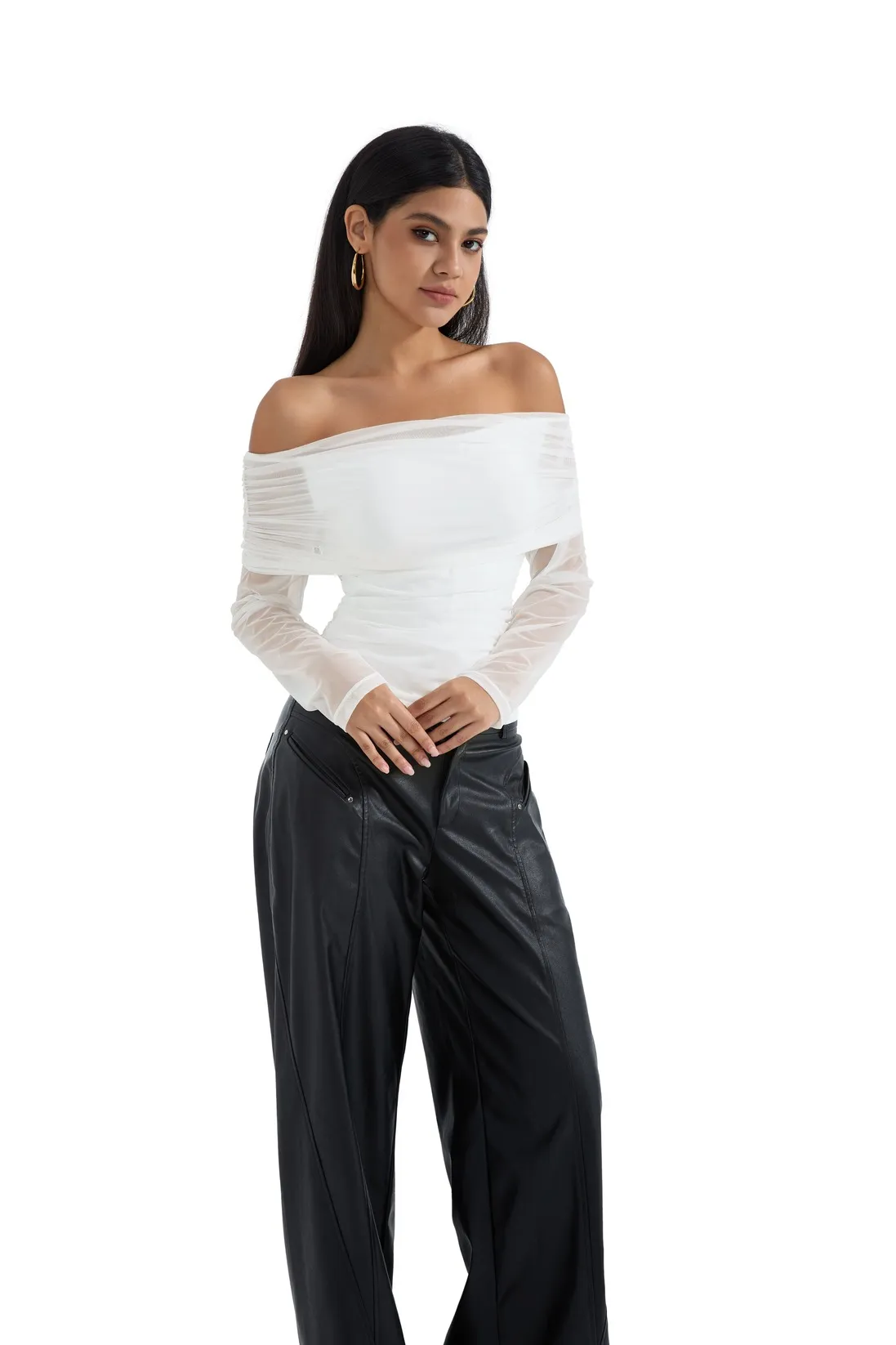 Mesh Off Shoulder Ruched Shirt - Long Sleeve - Image 17