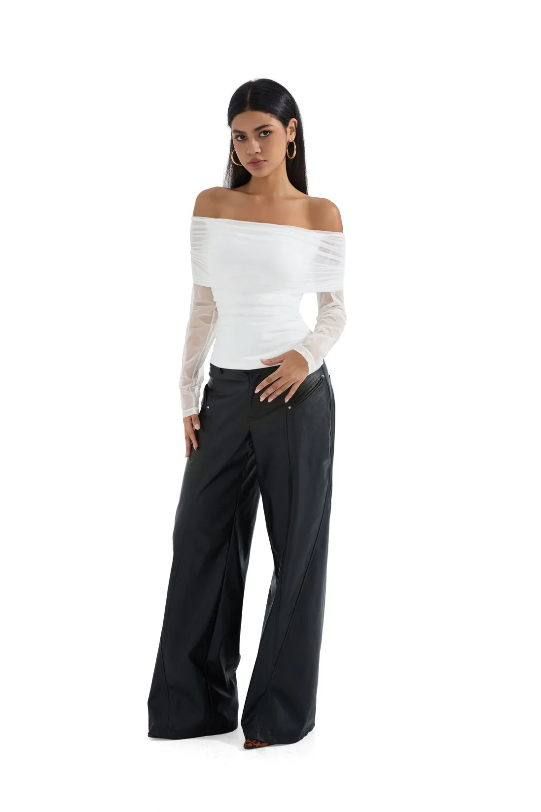 Mesh Off Shoulder Ruched Shirt - Long Sleeve - Image 19