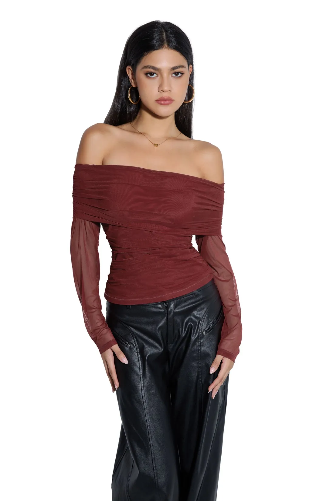Mesh Off Shoulder Ruched Shirt - Long Sleeve - Image 22