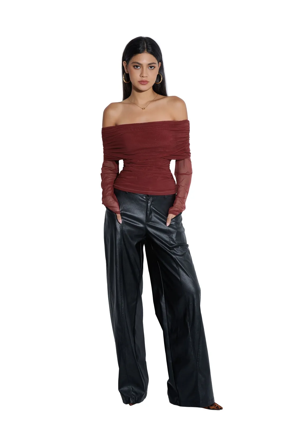 Mesh Off Shoulder Ruched Shirt - Long Sleeve - Image 24