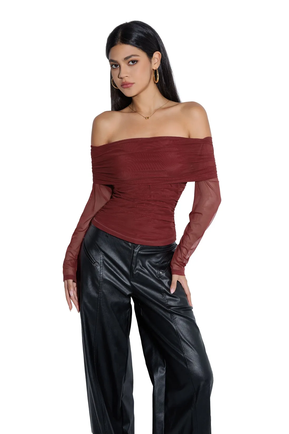 Mesh Off Shoulder Ruched Shirt - Long Sleeve - Image 25