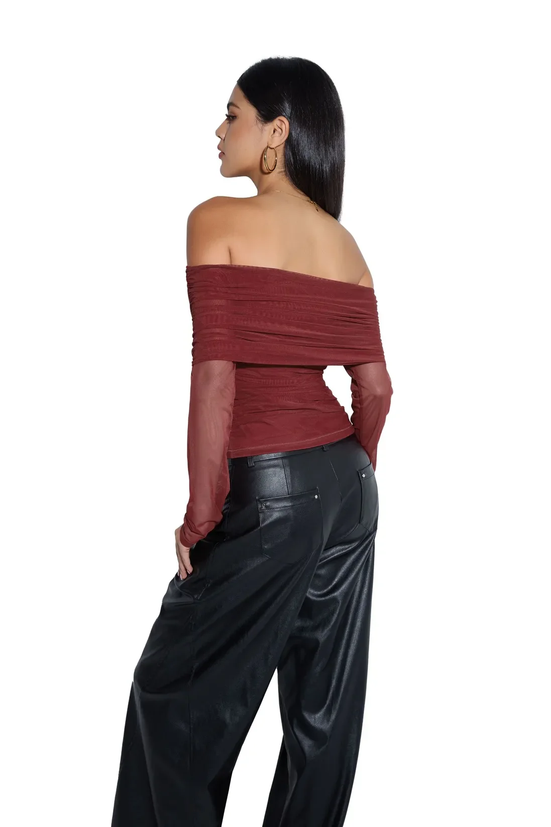 Mesh Off Shoulder Ruched Shirt - Long Sleeve - Image 26