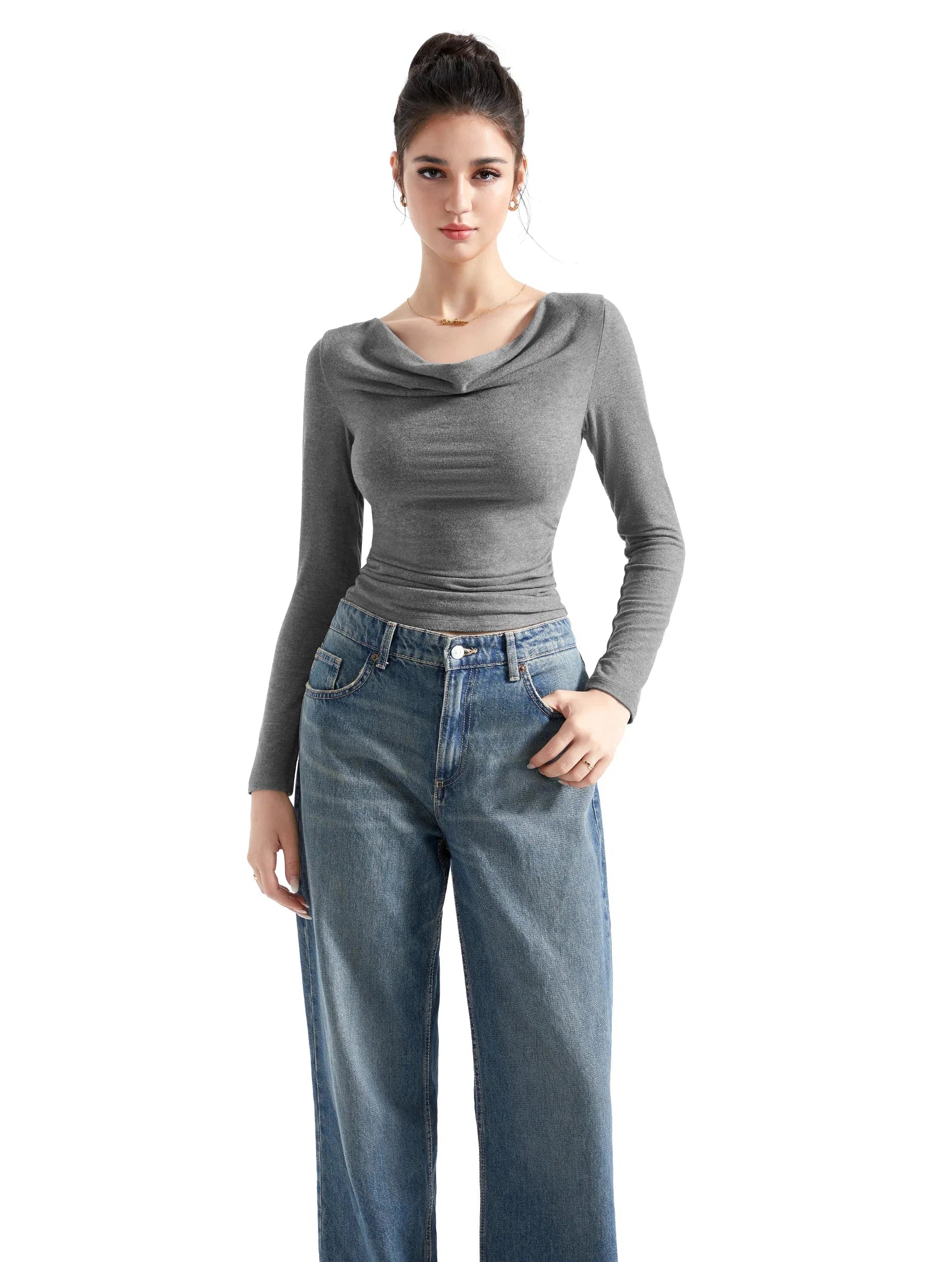 Off Shoulder Cowl Neck Shirt - Long Sleeve - Image 13