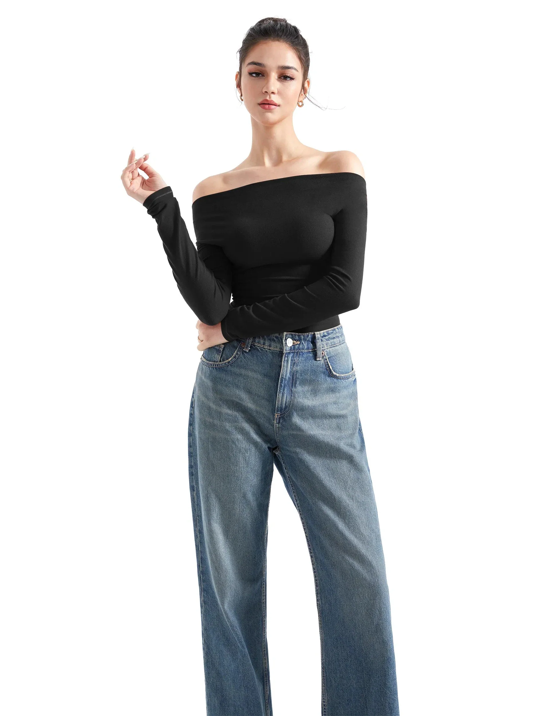 Off Shoulder Cowl Neck Shirt - Long Sleeve - Image 5